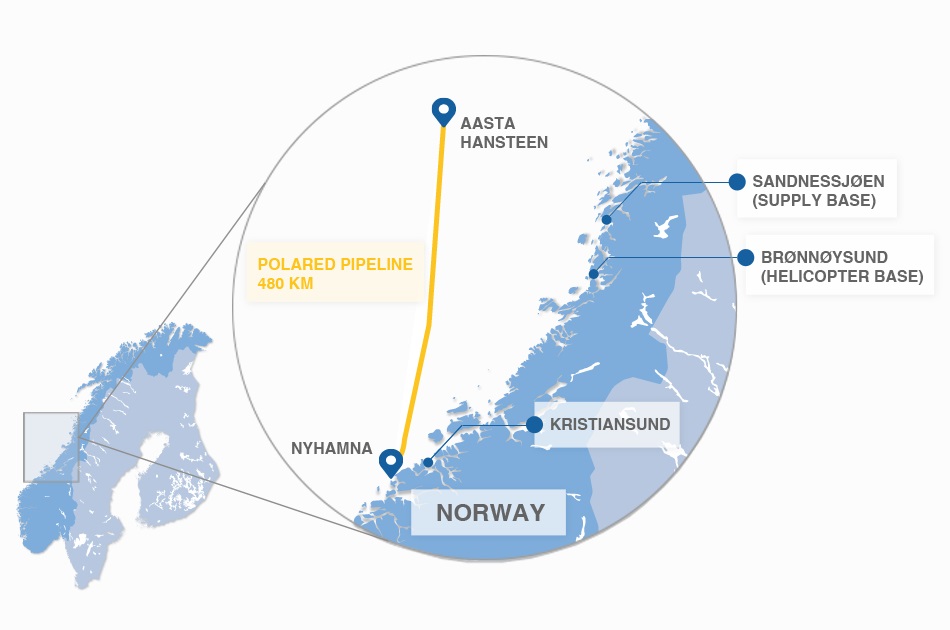 Карта проекта Aasta Hansteen и трубопровода Polarled